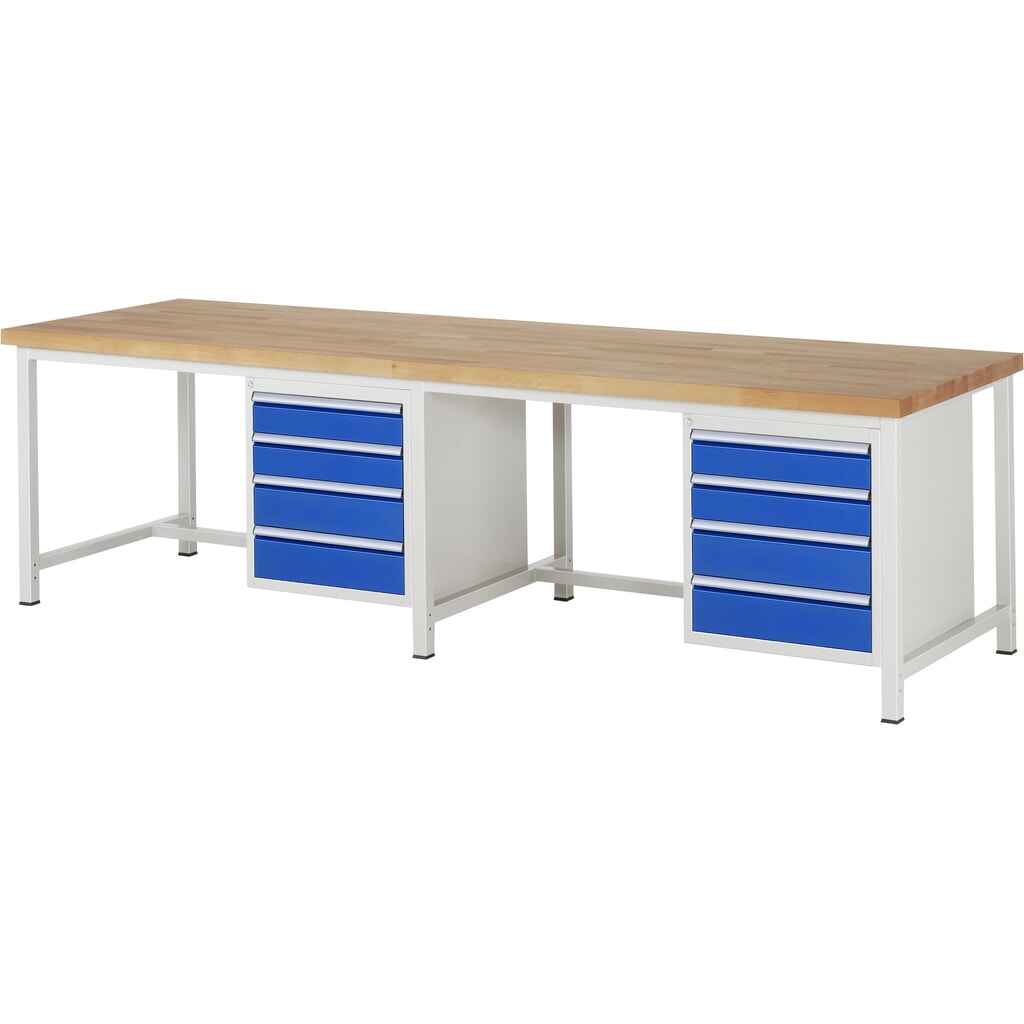 RAU Werkbank Serie 8000, 2 Container, HxBxT 840-1.040 x 3.000 x 900 mm, 8 x 90%-Auszug-Schubladen 4 x 120, 4 x 150 mm Produktabbildung: RAU Werkbank Serie 8000, 2 Container, HxBxT 840-1.040 x 3.000 x 900 mm, 8 x 90%-Auszug-Schubladen 4 x 120, 4 x 150 mm