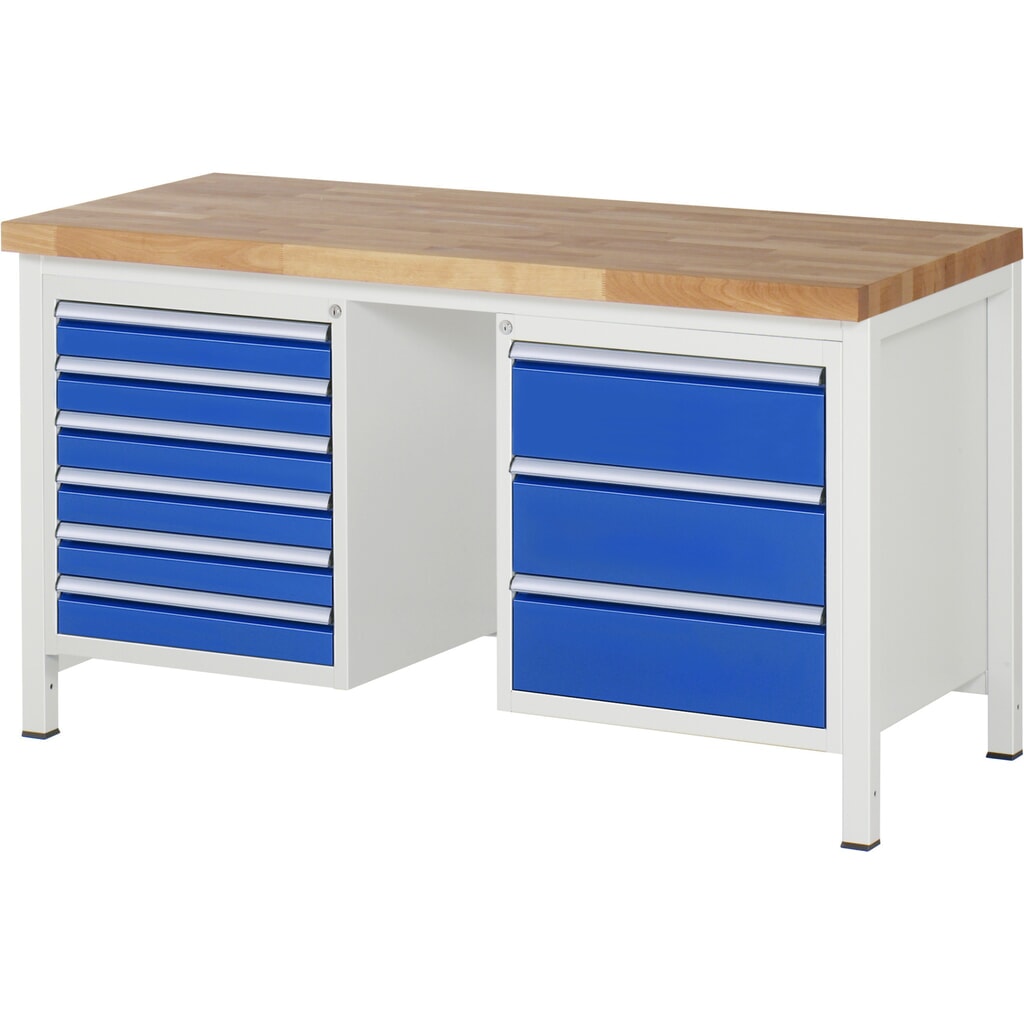 Produktabbildung: RAU Werkbank Serie 8000, 2 Container, HxBxT 840-1.040 x 1.500 x 700 mm, 9 x 90%-Auszug-Schubladen