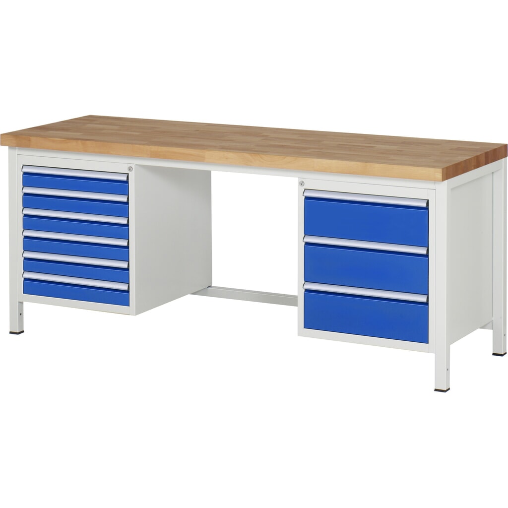Produktabbildung: RAU Werkbank Serie 8000, 2 Container, HxBxT 840 x 2.000 x 700 mm, 9 x 90%-Auszug-Schubladen