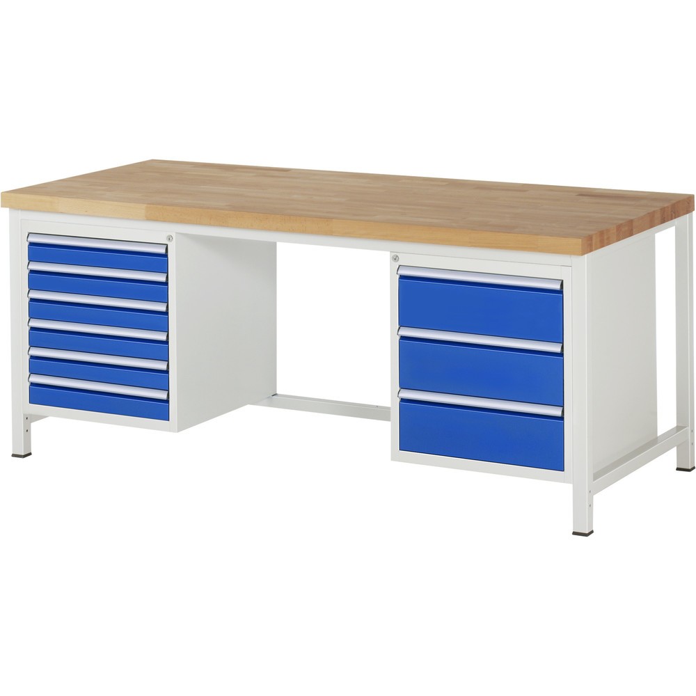 Produktabbildung Nr. 1: RAU Werkbank Serie 8000, 2 Container, HxBxT 840-1.040 x 2.000 x 900 mm, 9 x 90%-Auszug-Schubladen