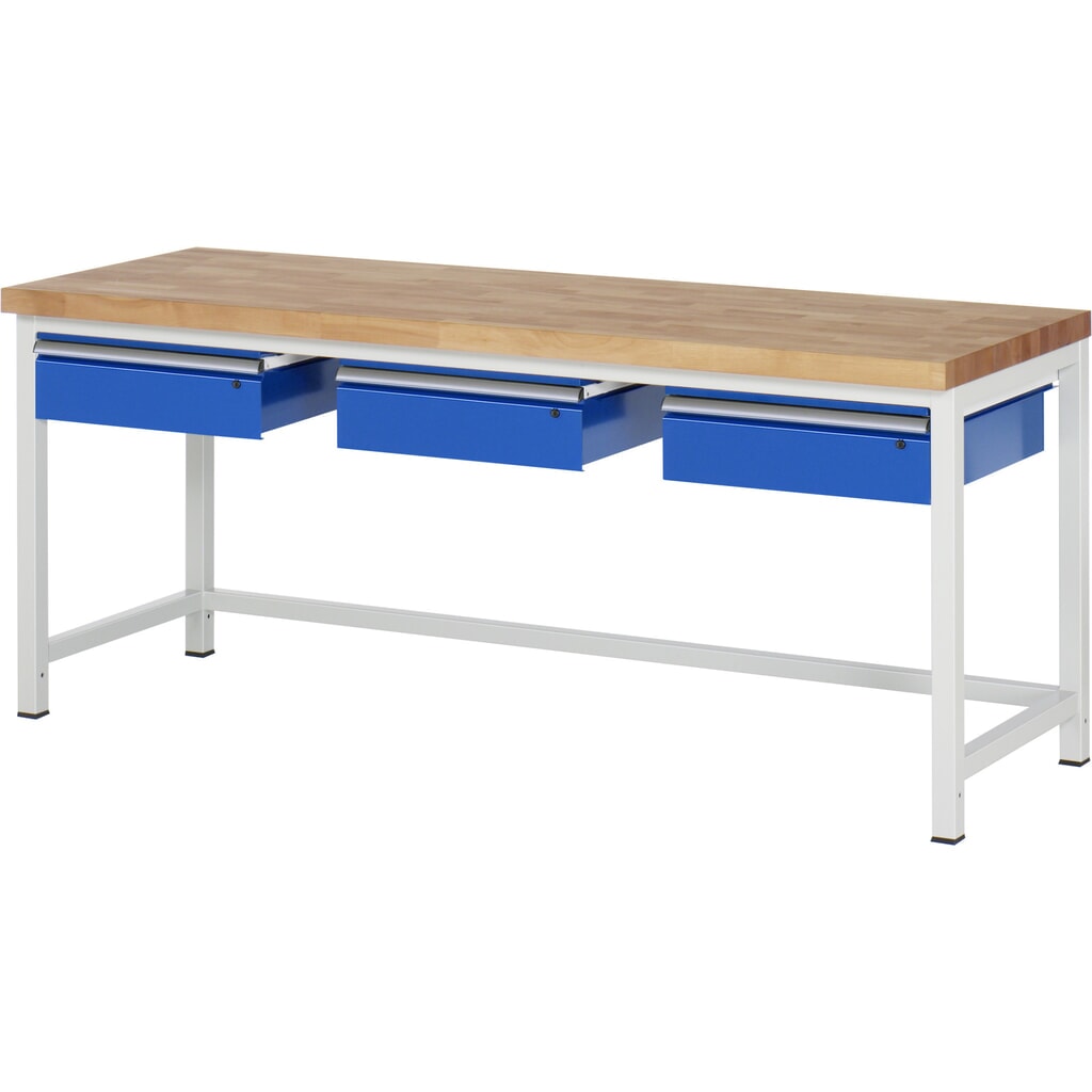 RAU Werkbank Serie 8000, HxBxT 840-1.040 x 2.000 x 700 mm, 3 Schubladen, Schubladen-TK 50 kg Produktabbildung: RAU Werkbank Serie 8000, HxBxT 840-1.040 x 2.000 x 700 mm, 3 Schubladen, Schubladen-TK 50 kg