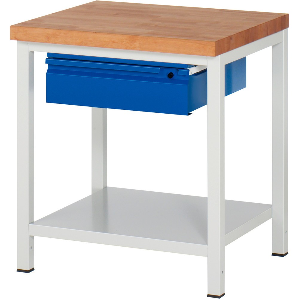 Produktabbildung Nr. 1: RAU Werkbank Serie 8000, Buche-Massiv-Arbeitsplatte, Stärke 40 mm, HxBxT 840 x 750 x 700 mm, 1 Schublade, 1 Ablageboden Tiefe 650 mm