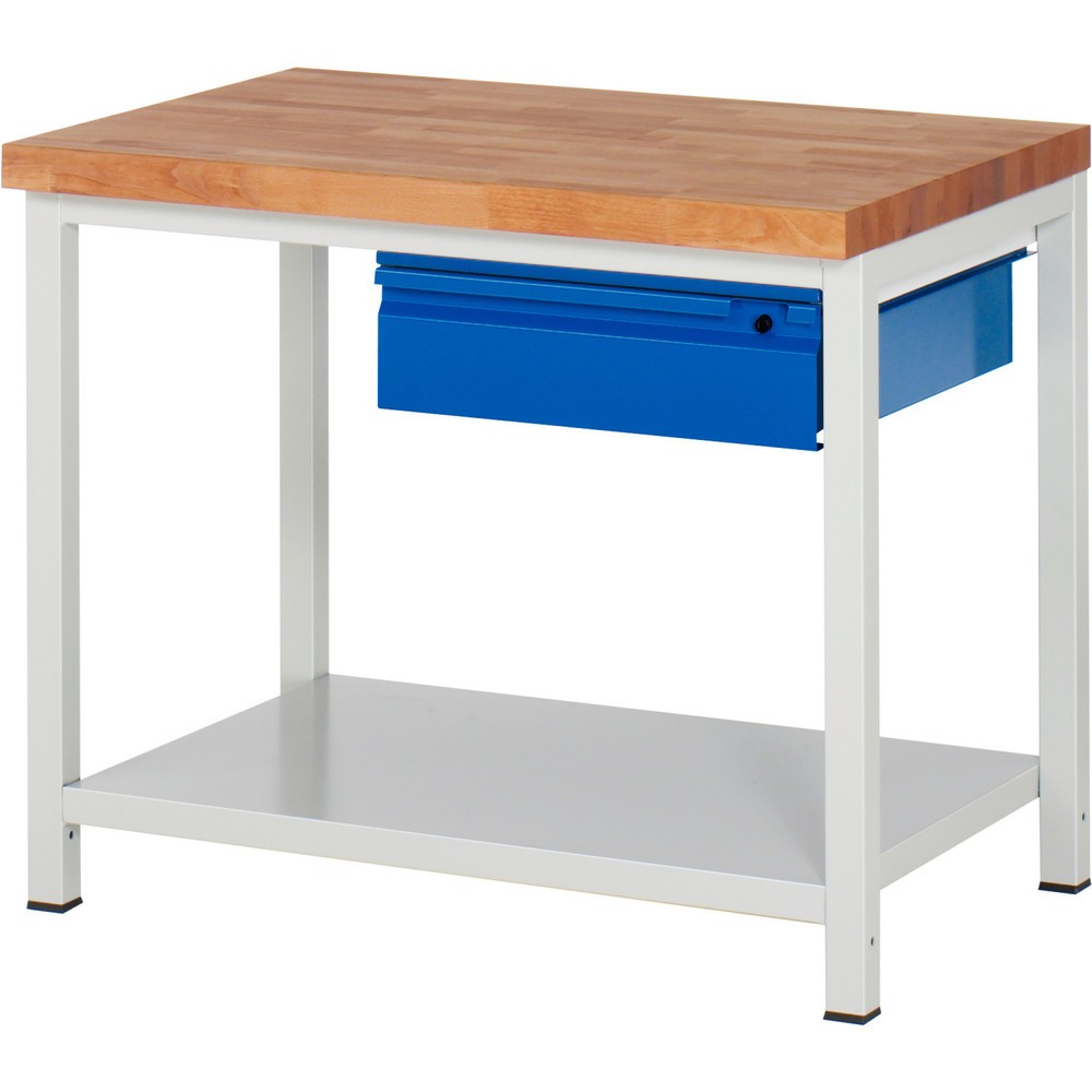 Produktabbildung: RAU Werkbank Serie 8000, Buche-Massiv-Arbeitsplatte, Stärke 40 mm, HxBxT 840-1.040 x 1.000 x 700 mm, 1 Schublade, 1 Ablageboden Tiefe 650 mm