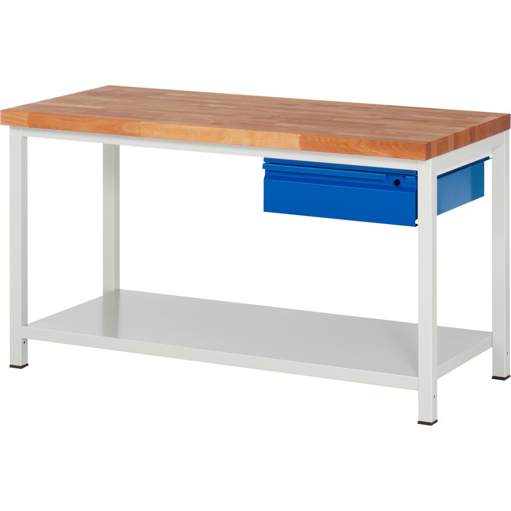 Produktabbildung Nr. 1: RAU Werkbank Serie 8000, Buche-Massiv-Arbeitsplatte, Stärke 40 mm, HxBxT 840-1.040 x 1.500 x 700 mm, 1 Schublade, 1 Ablageboden Tiefe 650 mm