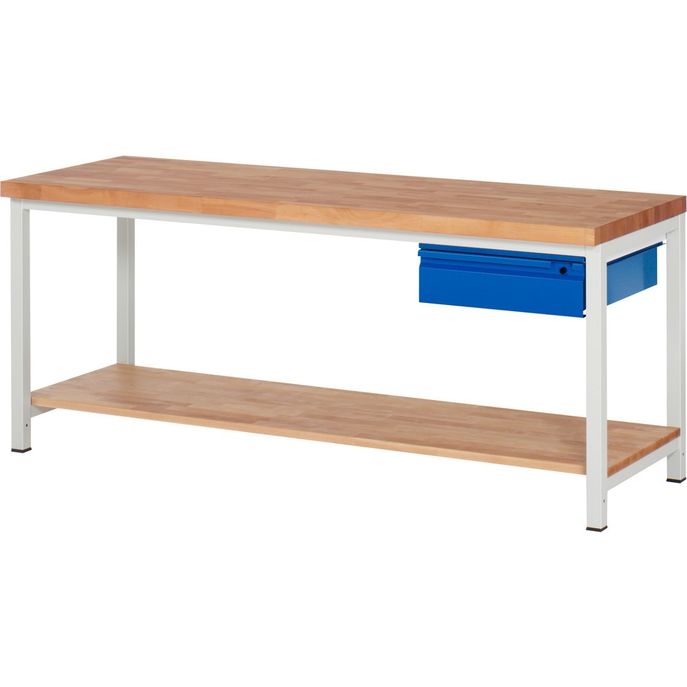 Produktabbildung Nr. 1: RAU Werkbank Serie 8000, Buche-Massiv-Arbeitsplatte, Stärke 40 mm, HxBxT 840 x 2.000 x 700 mm, 1 Schublade, 1 Ablageboden Tiefe 557 mm