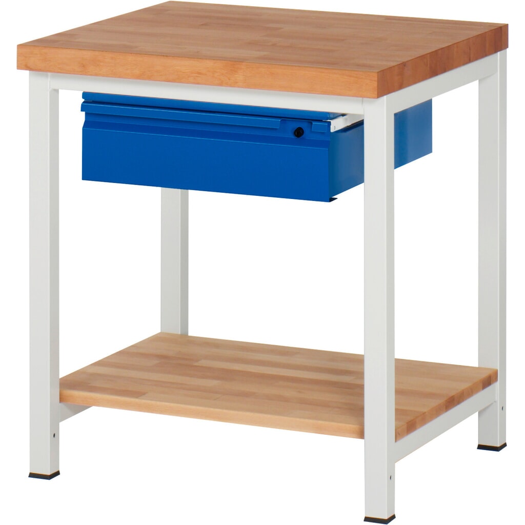 RAU Werkbank Serie 8000, Buche-Massiv-Arbeitsplatte, Stärke 40 mm, HxBxT 840 x 750 x 700 mm, 1 Schublade, 1 Ablageboden Tiefe 557 mm Produktabbildung Nr. 1: RAU Werkbank Serie 8000, Buche-Massiv-Arbeitsplatte, Stärke 40 mm, HxBxT 840 x 750 x 700 mm, 1 Schublade, 1 Ablageboden Tiefe 557 mm