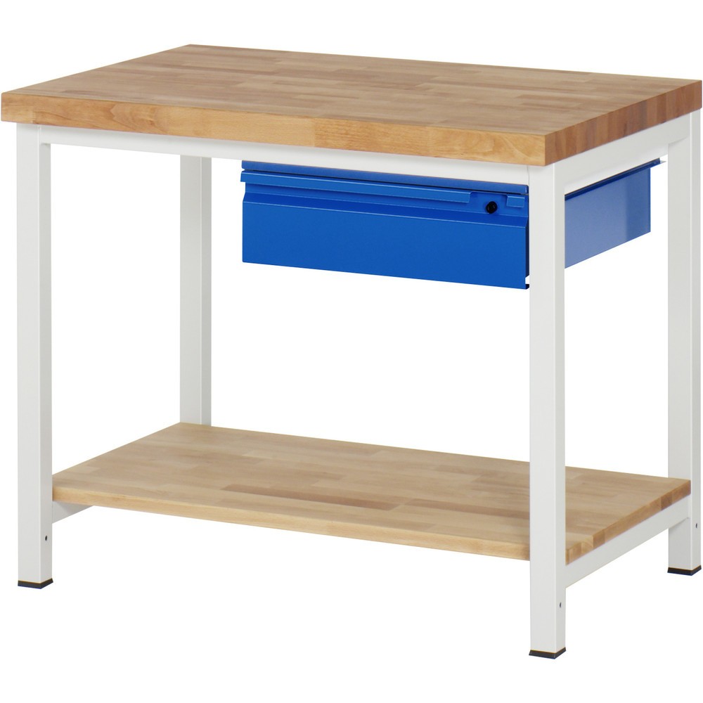 Produktabbildung Nr. 1: RAU Werkbank Serie 8000, Buche-Massiv-Arbeitsplatte, Stärke 40 mm, HxBxT 840 x 1.000 x 700 mm, 1 Schublade, 1 Ablageboden Tiefe 557 mm