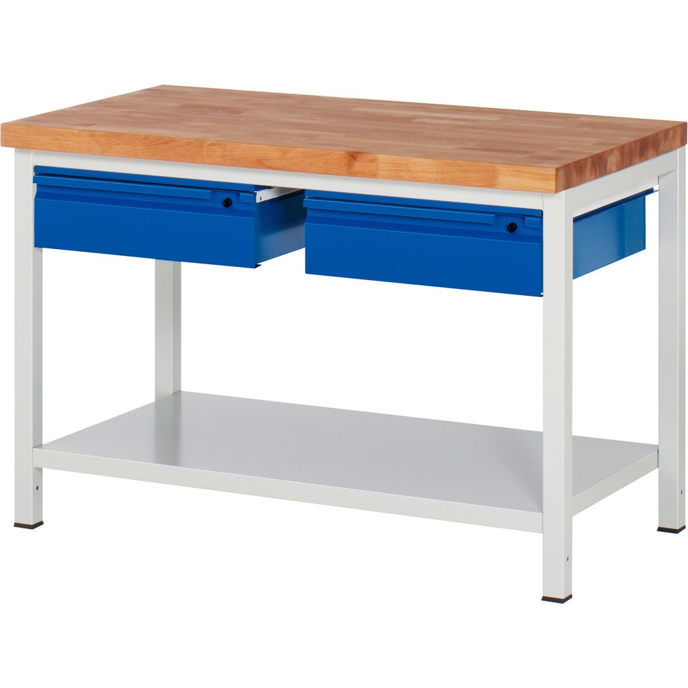Produktabbildung Nr. 1: RAU Werkbank Serie 8000, Buche-Massiv-Arbeitsplatte, Stärke 40 mm, HxBxT 840 x 1.250 x 700 mm, 2 Schubladen, 1 Ablageboden Tiefe 650 mm
