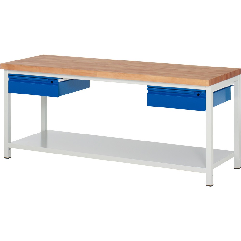 Produktabbildung: RAU Werkbank Serie 8000, Buche-Massiv-Arbeitsplatte, Stärke 40 mm, HxBxT 840-1.040 x 2.000 x 700 mm, 2 Schubladen, 1 Ablageboden Tiefe 650 mm