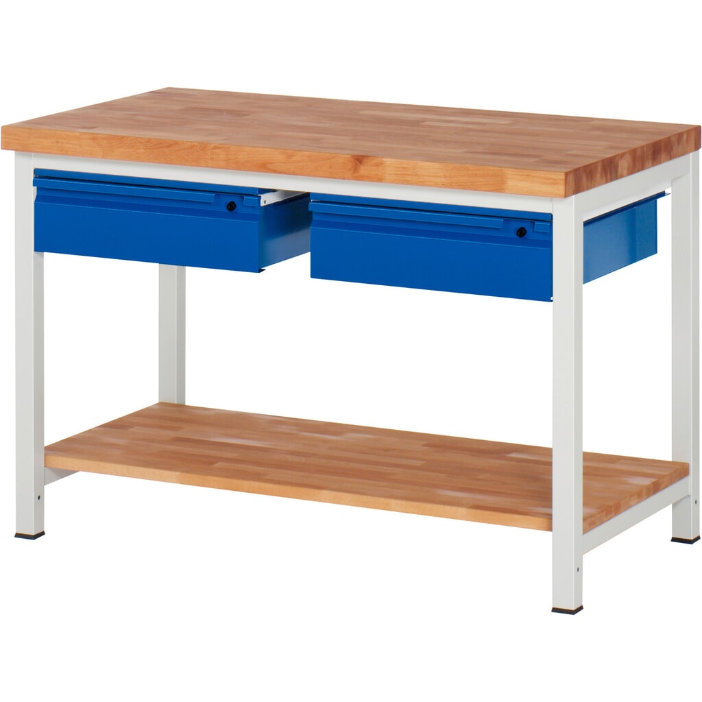 Produktabbildung Nr. 1: RAU Werkbank Serie 8000, Buche-Massiv-Arbeitsplatte, Stärke 40 mm, HxBxT 840-1.040 x 1.250 x 700 mm, 2 Schubladen, 1 Ablageboden Tiefe 557 mm