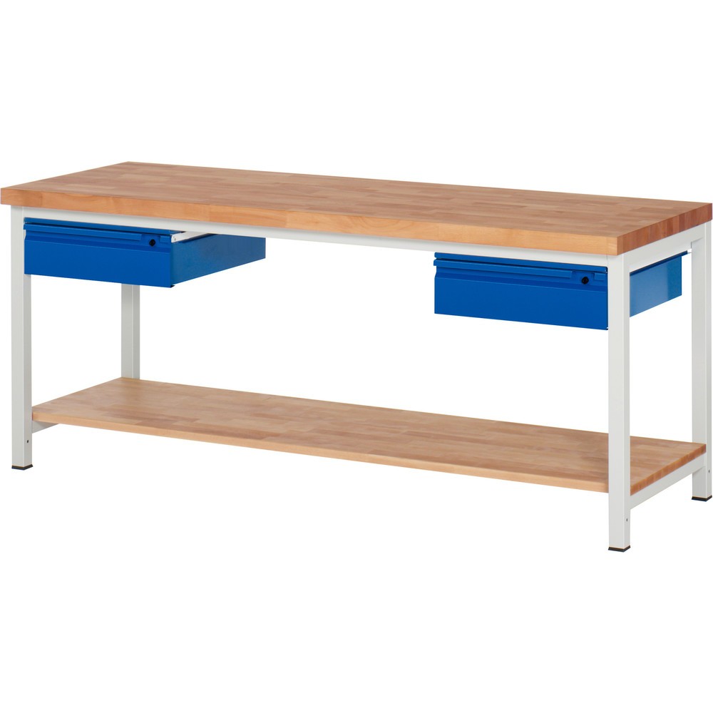 Produktabbildung: RAU Werkbank Serie 8000, Buche-Massiv-Arbeitsplatte, Stärke 40 mm, HxBxT 840 x 2.000 x 700 mm, 2 Schubladen, 1 Ablageboden Tiefe 557 mm