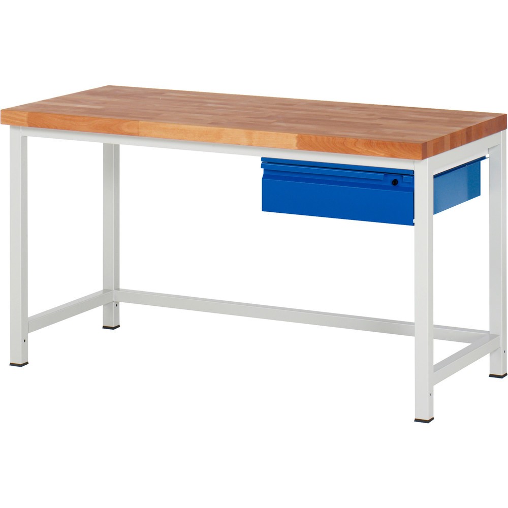 Produktabbildung: RAU Werkbank Serie 8000, Buche-Massiv-Arbeitsplatte, Stärke 40 mm, HxBxT 840-1.040 x 1.500 x 700 mm, 1 Schublade 1 x 150 mm