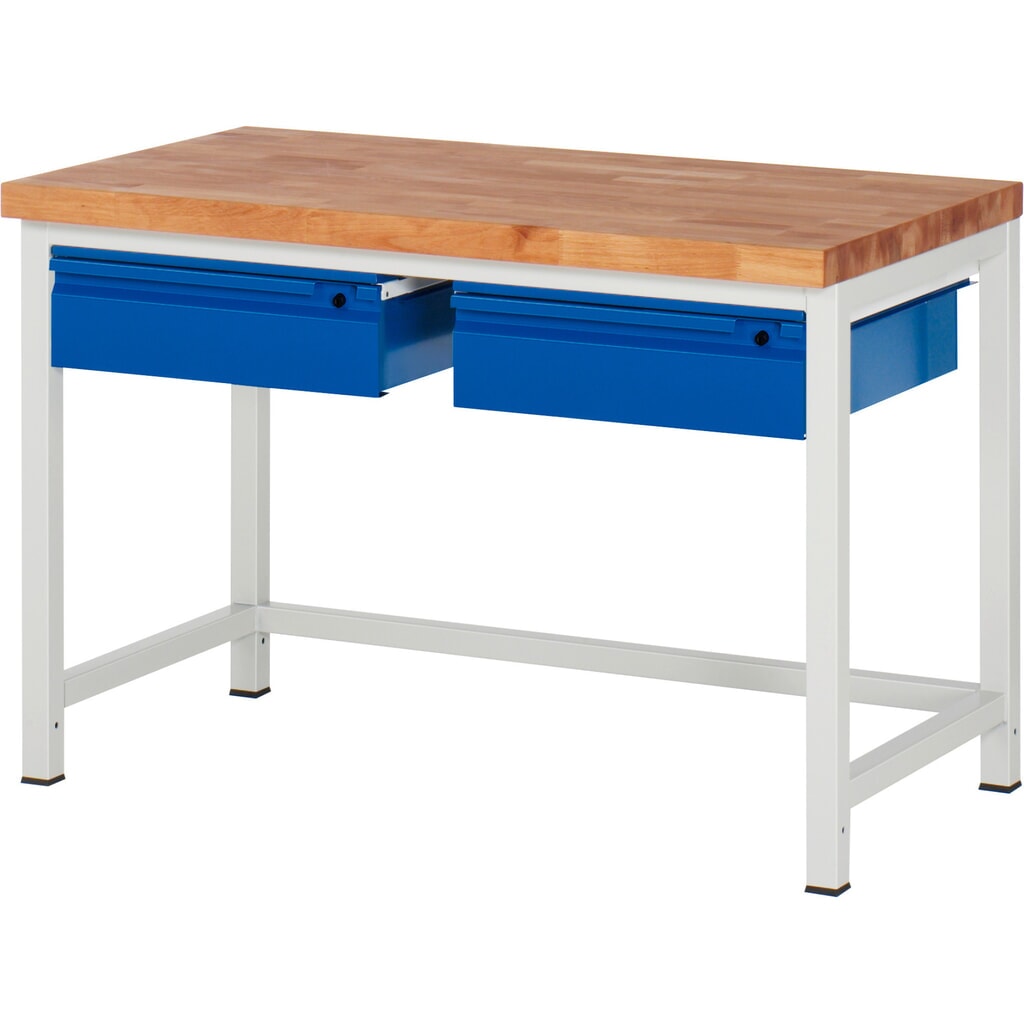 Produktabbildung: RAU Werkbank Serie 8000, Buche-Massiv-Arbeitsplatte, Stärke 40 mm, HxBxT 840-1.040 x 1.250 x 700 mm, 2 Schubladen 2 x 150 mm