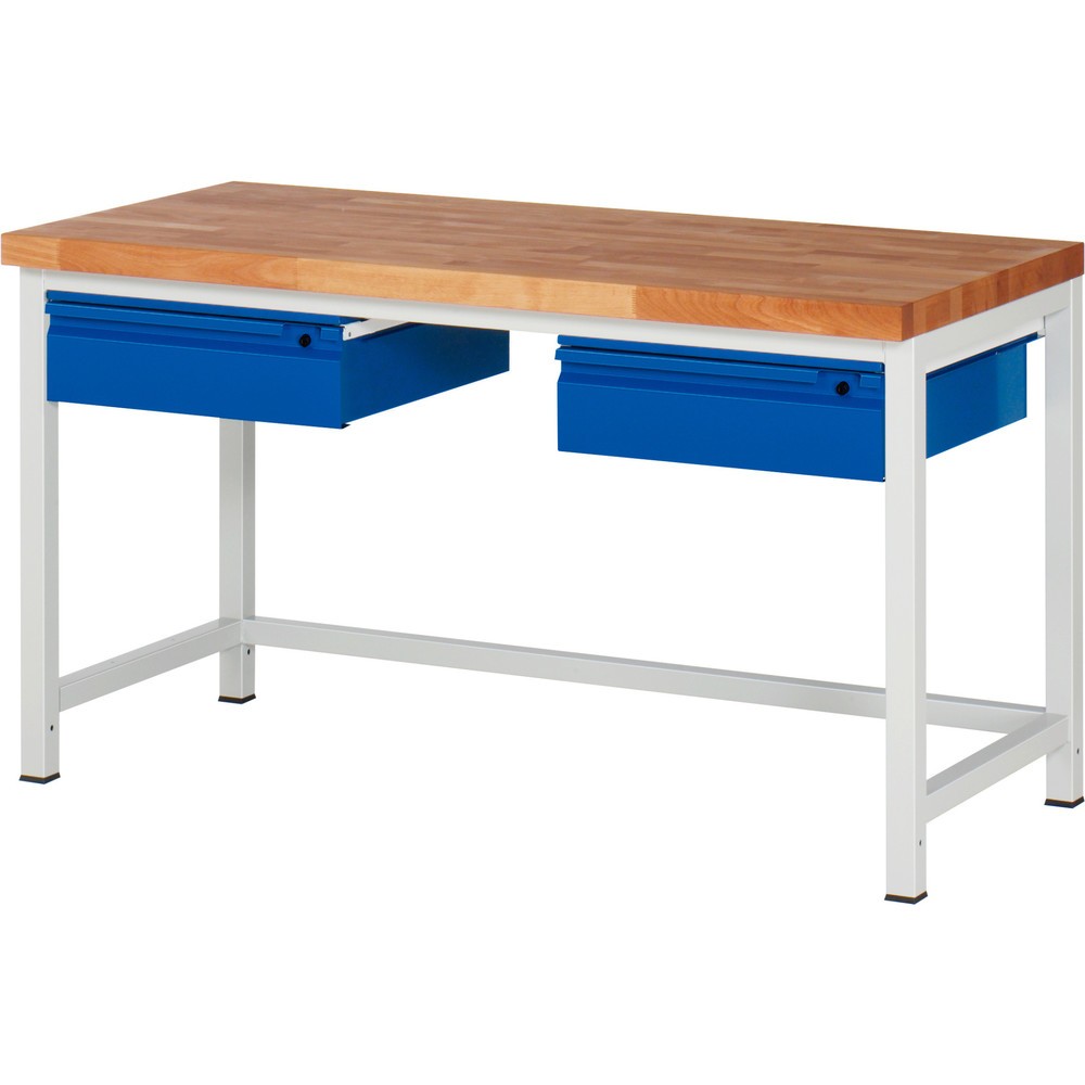 Produktabbildung Nr. 1: RAU Werkbank Serie 8000, Buche-Massiv-Arbeitsplatte, Stärke 40 mm, HxBxT 840-1.040 x 1.500 x 700 mm, 2 Schubladen 2 x 150 mm