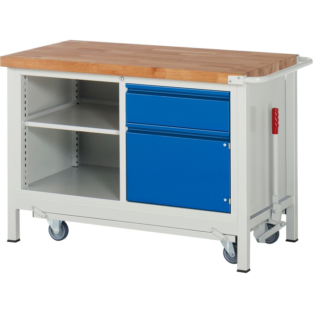 Produktabbildung Nr. 1: RAU Werkbank Serie 8000 mit absenkbarem Fahrgestell, 1 Doppel-Container, HxBxT 880 x 1.250 x 700 mm, 1 Schubladen, 1 Flügeltür, 1 Fachboden