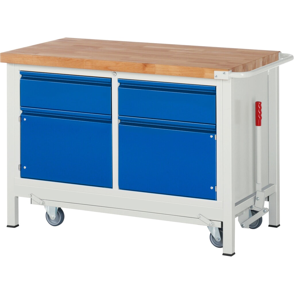 RAU Werkbank Serie 8000 mit absenkbarem Fahrgestell, 1 Doppel-Container, HxBxT 880 x 1.250 x 700 mm, 2 Schubladen, 1 Fachboden, integrierte Griffleiste Produktabbildung: RAU Werkbank Serie 8000 mit absenkbarem Fahrgestell, 1 Doppel-Container, HxBxT 880 x 1.250 x 700 mm, 2 Schubladen, 1 Fachboden, integrierte Griffleiste
