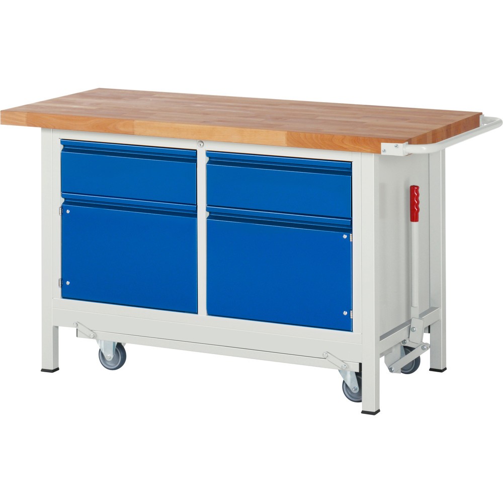Produktabbildung: RAU Werkbank Serie 8000 mit absenkbarem Fahrgestell, 1 Doppel-Container, HxBxT 880 x 1.500 x 700 mm, 2 Schubladen, 1 Fachboden, integrierte Griffleiste