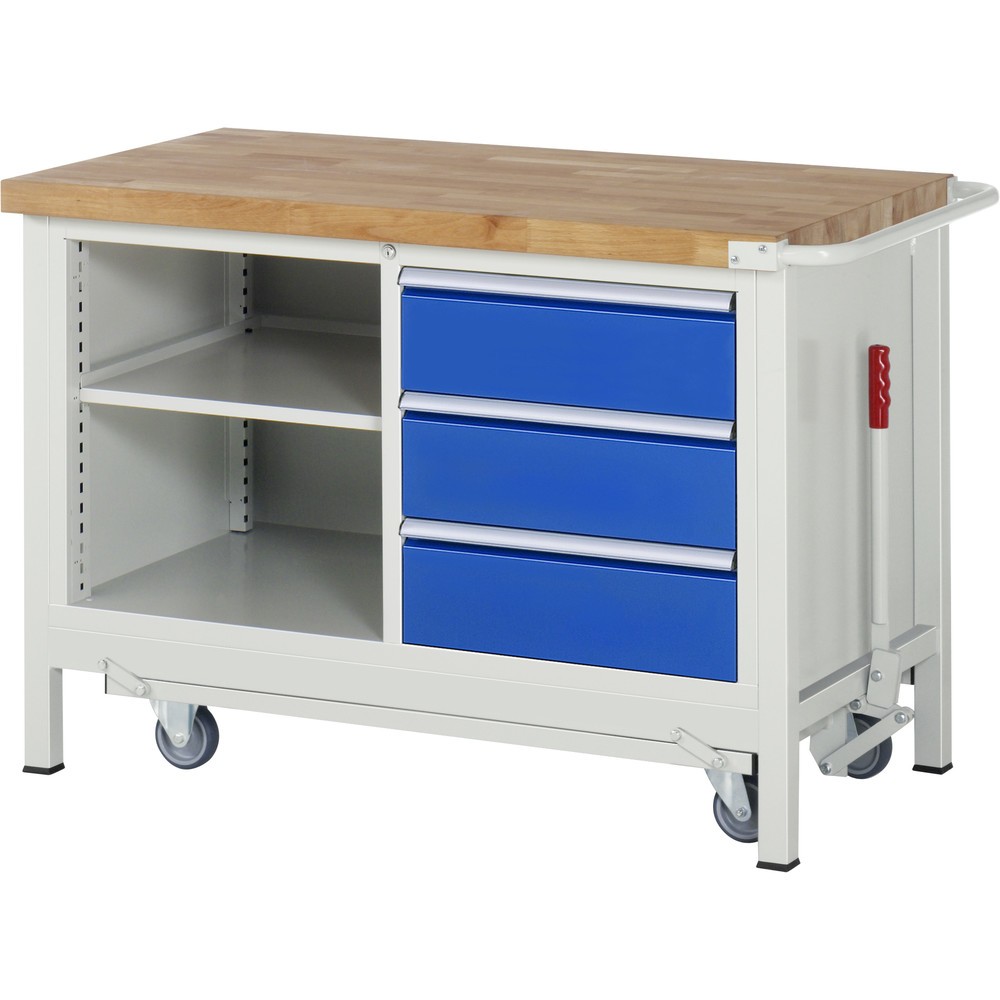 Produktabbildung: RAU Werkbank Serie 8000 mit absenkbarem Fahrgestell, 1 Doppel-Container, HxBxT 880 x 1.250 x 700 mm, 1 Fachboden, 3 x 90%-Auszug-Schubladen, ErgoScript