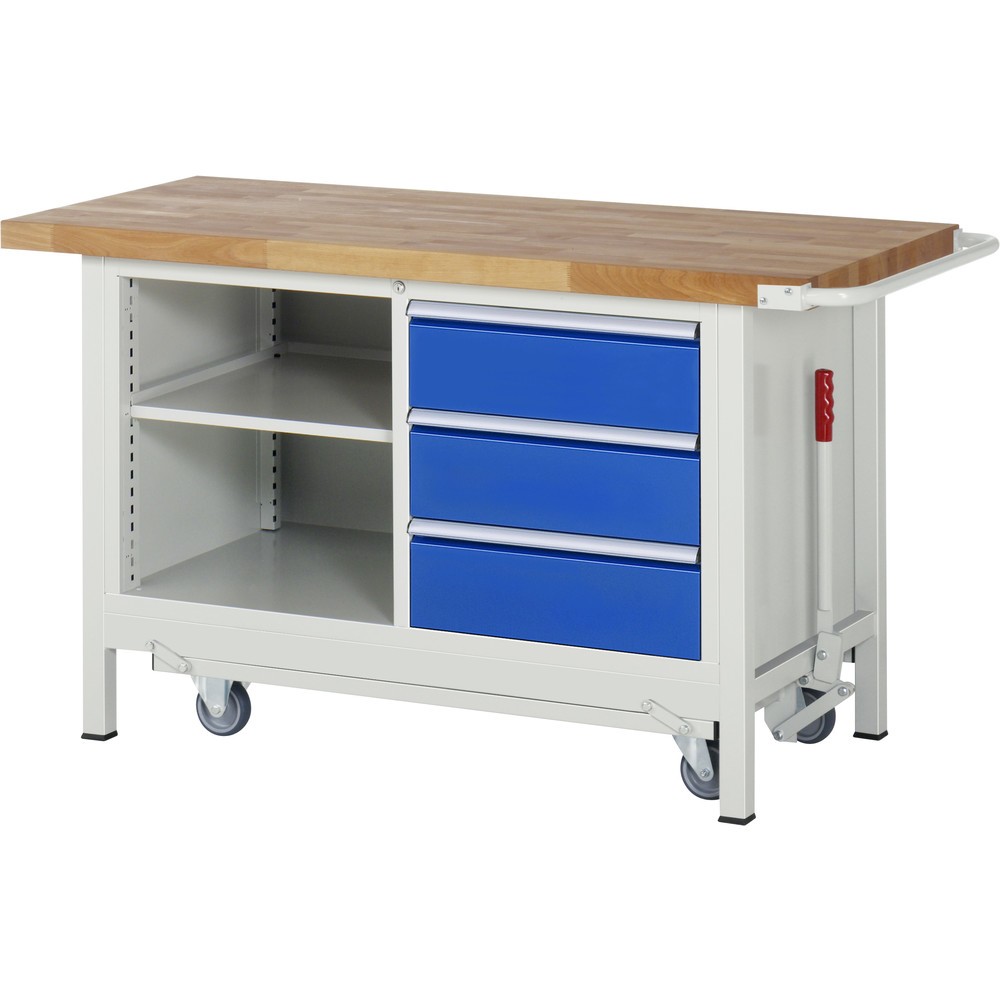 Produktabbildung Nr. 1: RAU Werkbank Serie 8000 mit absenkbarem Fahrgestell, 1 Doppel-Container, HxBxT 880 x 1.500 x 700 mm, 1 Fachboden, 3 x 90%-Auszug-Schubladen, ErgoScript