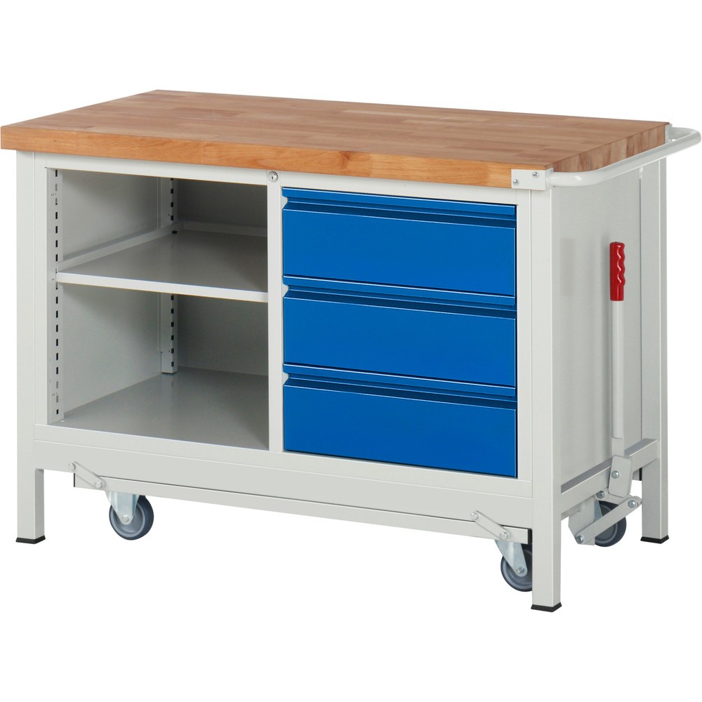 Produktabbildung Nr. 1: RAU Werkbank Serie 8000 mit absenkbarem Fahrgestell, 1 Doppel-Container, HxBxT 880 x 1.250 x 700 mm, 1 Fachboden, 3 x 90%-Auszug-Schubladen, integrierte Griffleiste