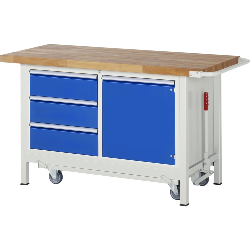 Produktabbildung Nr. 1: RAU Werkbank Serie 8000 mit absenkbarem Fahrgestell, 1 Doppel-Container, HxBxT 880 x 1.500 x 700 mm, 1 Flügeltür, 3 x 90%-Auszug-Schubladen, ErgoScript