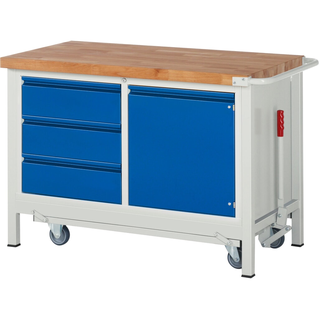RAU Werkbank Serie 8000 mit absenkbarem Fahrgestell, 1 Doppel-Container, HxBxT 880 x 1.250 x 700 mm, 1 Flügeltür, 3 x 90%-Auszug-Schubladen, integrierte Griffleiste Produktabbildung Nr. 1: RAU Werkbank Serie 8000 mit absenkbarem Fahrgestell, 1 Doppel-Container, HxBxT 880 x 1.250 x 700 mm, 1 Flügeltür, 3 x 90%-Auszug-Schubladen, integrierte Griffleiste