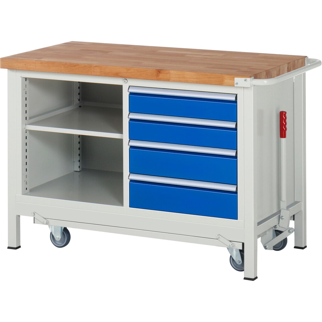 Produktabbildung Nr. 1: RAU Werkbank Serie 8000 mit absenkbarem Fahrgestell, 1 Doppel-Container, HxBxT 880 x 1.250 x 700 mm, 4 x 90%-Auszug-Schubladen, 1 Fachboden