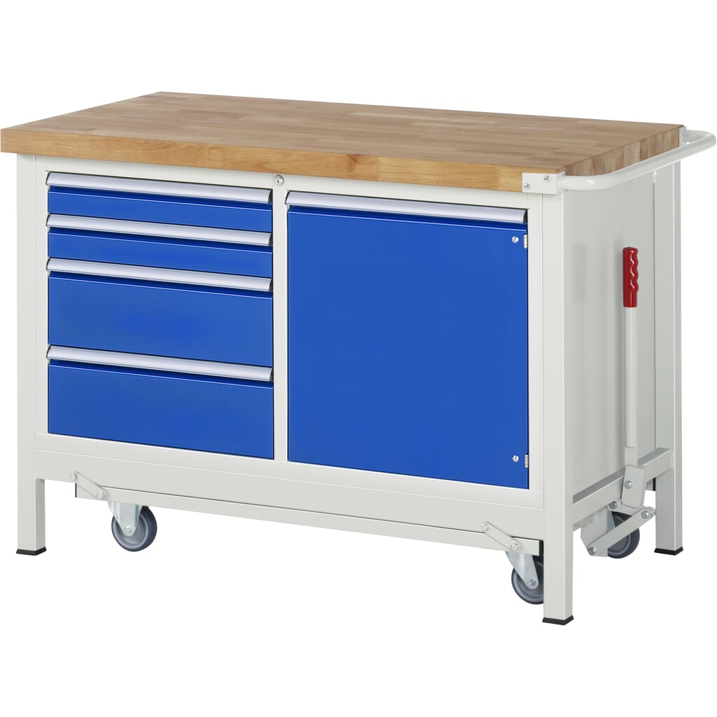 RAU Werkbank Serie 8000 mit absenkbarem Fahrgestell, 1 Doppel-Container, HxBxT 880 x 1.250 x 700 mm, 4 x 90%-Auszug-Schubladen, 1 Flügeltür, 1 Fachboden Produktabbildung: RAU Werkbank Serie 8000 mit absenkbarem Fahrgestell, 1 Doppel-Container, HxBxT 880 x 1.250 x 700 mm, 4 x 90%-Auszug-Schubladen, 1 Flügeltür, 1 Fachboden