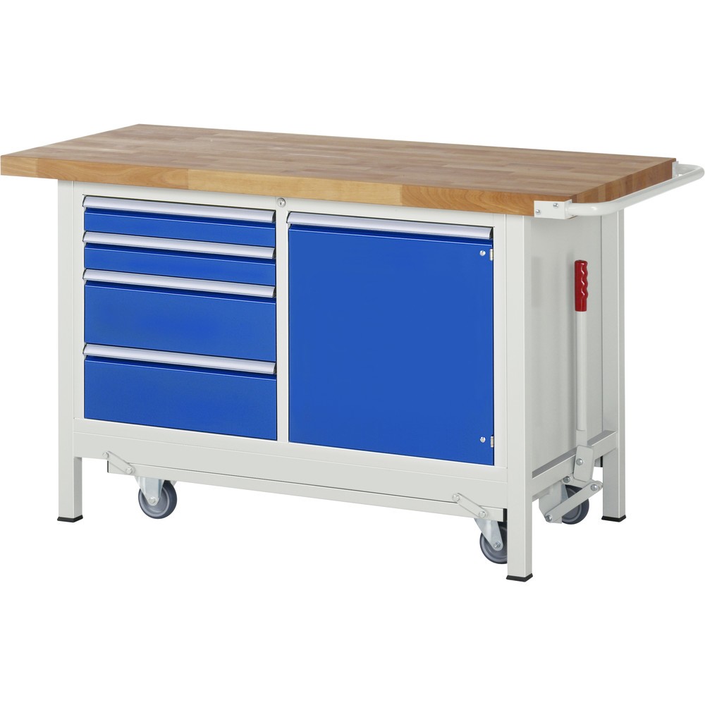 Produktabbildung: RAU Werkbank Serie 8000 mit absenkbarem Fahrgestell, 1 Doppel-Container, HxBxT 880 x 1.500 x 700 mm, 4 x 90%-Auszug-Schubladen, 1 Flügeltür, 1 Fachboden