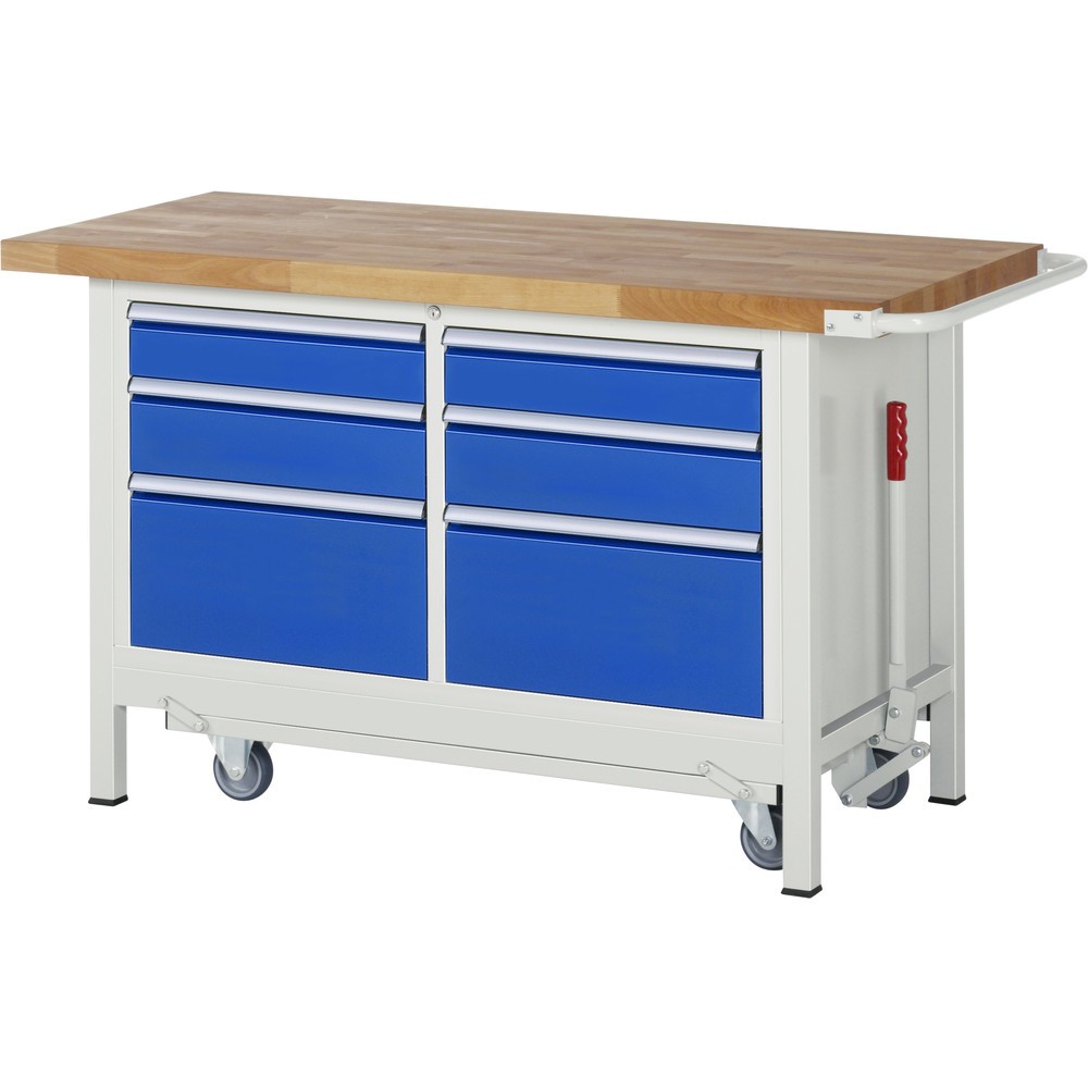 Produktabbildung Nr. 1: RAU Werkbank Serie 8000 mit absenkbarem Fahrgestell, 1 Doppel-Container, HxBxT 880 x 1.500 x 700 mm, 6 x 90%-Auszug-Schubladen 2 x 120 mm, 2 x 150 mm, 2 x 270 mm