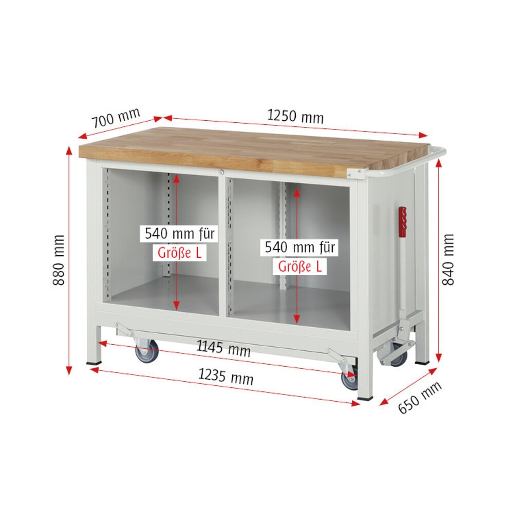 Produktabbildung Nr. 8: RAU Werkbank Serie 8000 mit absenkbarem Fahrgestell, 1 Doppel-Container, HxBxT 880 x 1.250 x 700 mm, 4 x 90%-Auszug-Schubladen, 1 Fachboden