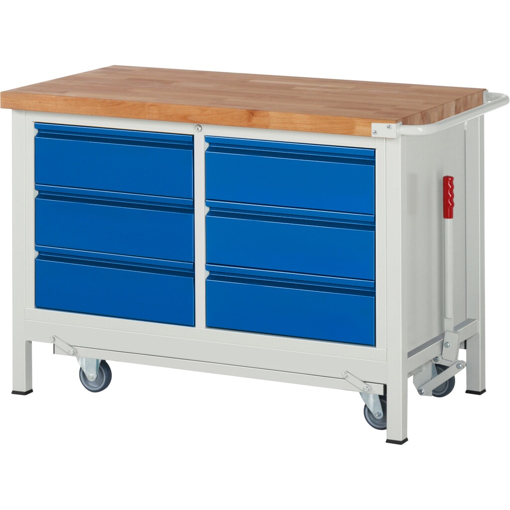 RAU Werkbank Serie 8000 mit absenkbarem Fahrgestell, 1 Doppel-Container, HxBxT 880 x 1.250 x 700 mm, 6 x 90%-Auszug-Schubladen 6 x 180 mm Produktabbildung Nr. 1: RAU Werkbank Serie 8000 mit absenkbarem Fahrgestell, 1 Doppel-Container, HxBxT 880 x 1.250 x 700 mm, 6 x 90%-Auszug-Schubladen 6 x 180 mm