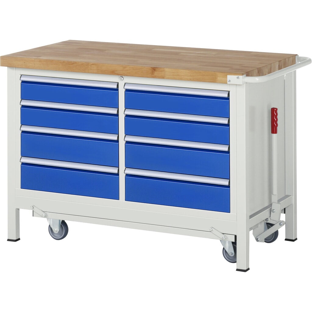 Produktabbildung: RAU Werkbank Serie 8000 mit absenkbarem Fahrgestell, 1 Doppel-Container, HxBxT 880 x 1.250 x 700 mm, 8 x 90%-Auszug-Schubladen 4 x 120 mm, 4 x 150 mm