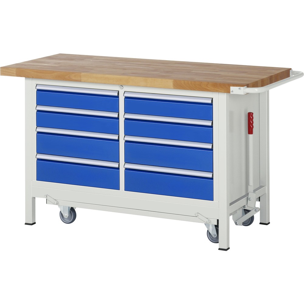Produktabbildung: RAU Werkbank Serie 8000 mit absenkbarem Fahrgestell, 1 Doppel-Container, HxBxT 880 x 1.500 x 700 mm, 8 x 90%-Auszug-Schubladen 4 x 120 mm, 4 x 150 mm