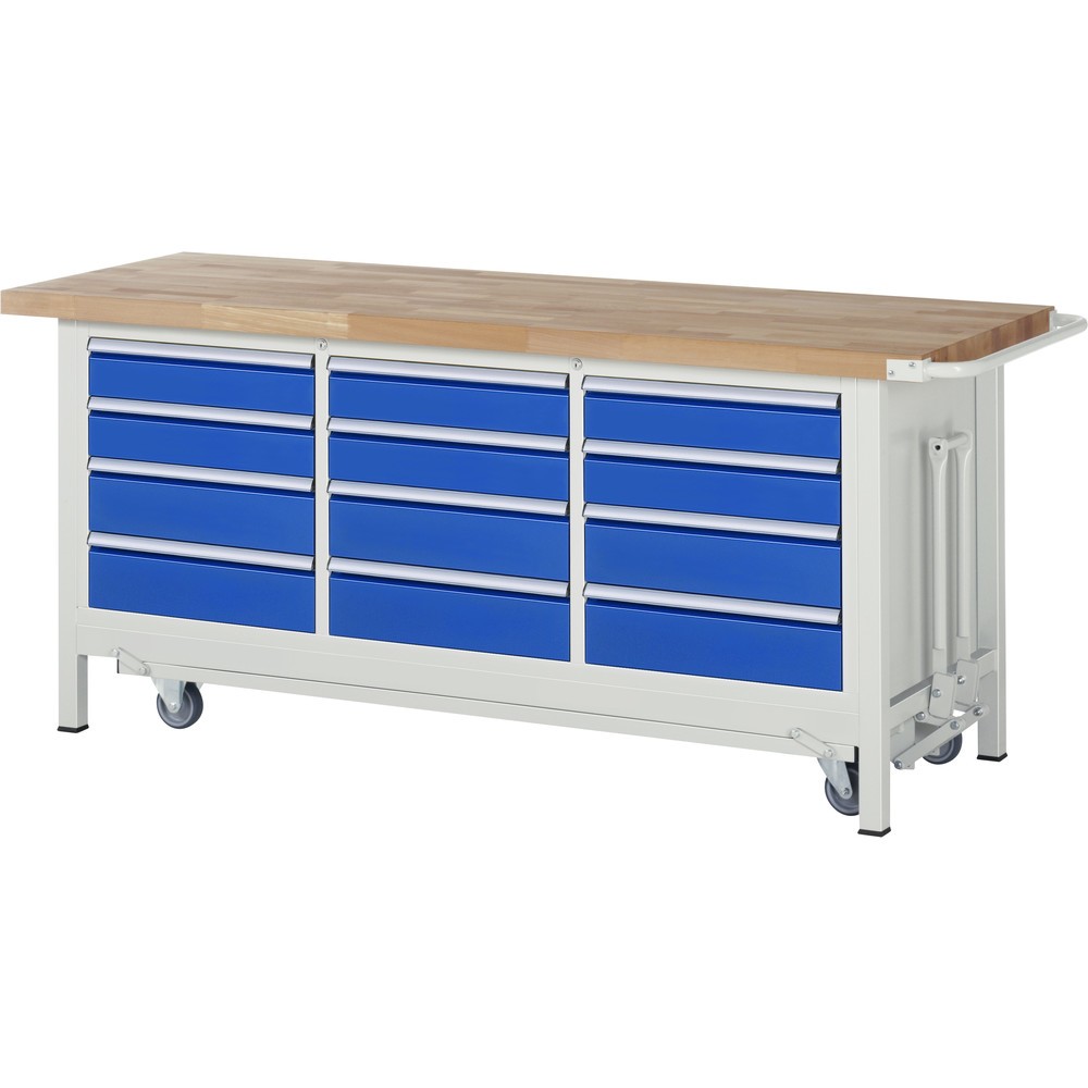 Produktabbildung Nr. 1: RAU Werkbank Serie 8000 mit absenkbarem Fahrgestell, 1 Dreifach-Container, HxBxT 880 x 2.000 x 700 mm, 12 x 90%-Auszug-Schubladen