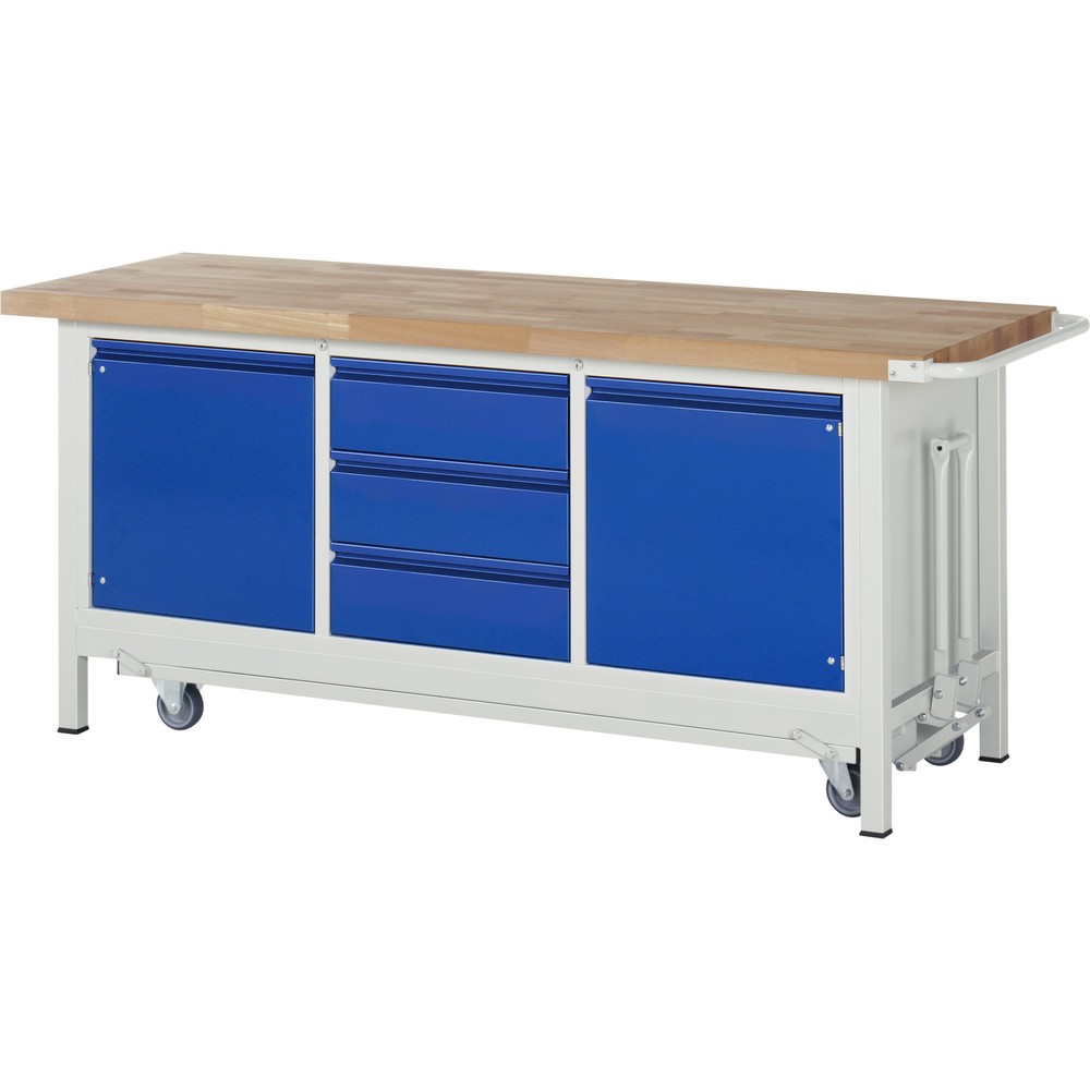 Produktabbildung Nr. 1: RAU Werkbank Serie 8000 mit absenkbarem Fahrgestell, 1 Dreifach-Container, HxBxT 880 x 2.000 x 700 mm, 2 Flügeltüren, 3 x 90%-Auszug-Schubladen, integrierte Griffleiste