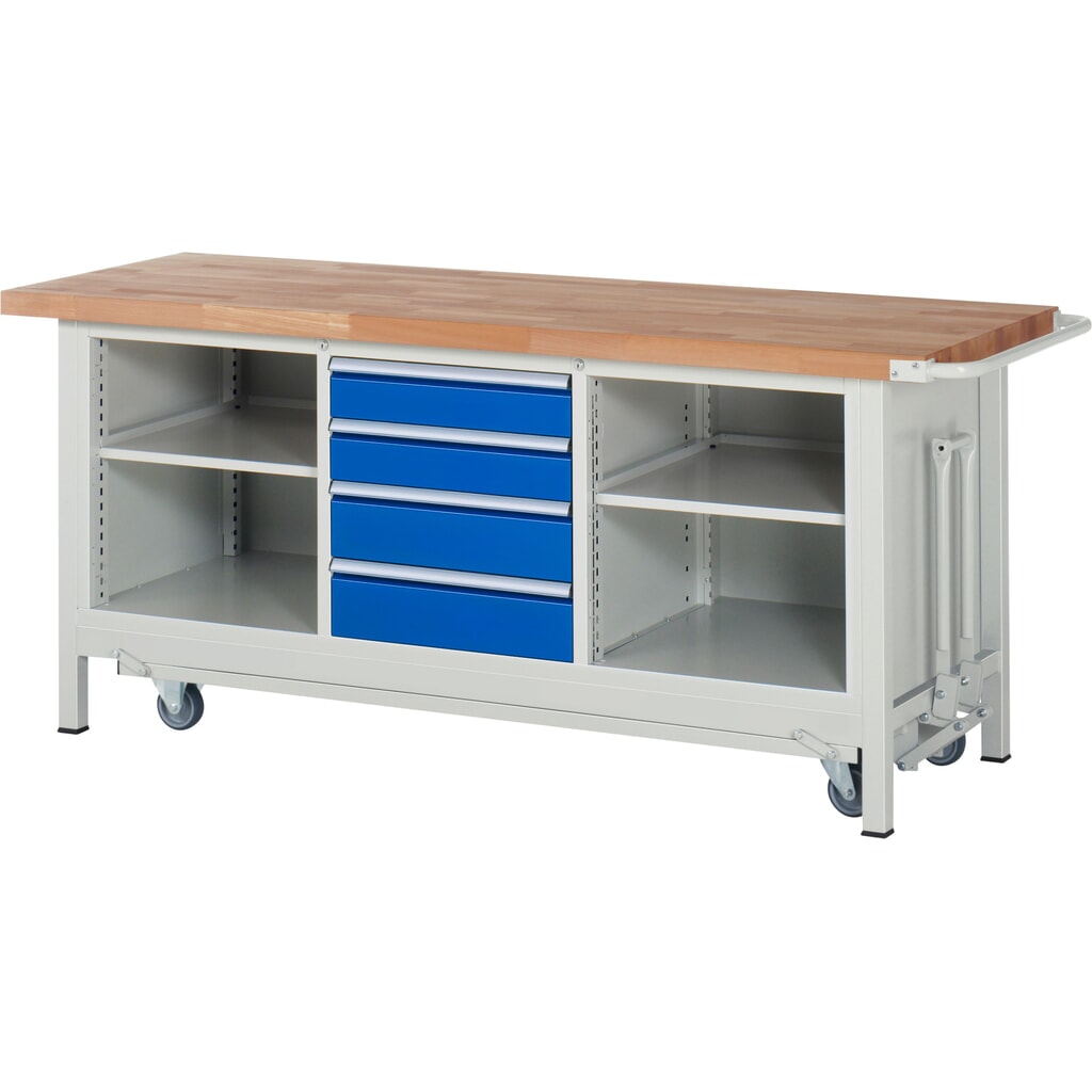 RAU Werkbank Serie 8000 mit absenkbarem Fahrgestell, 1 Dreifach-Container, HxBxT 880 x 2.000 x 700 mm, 4 x 90%-Auszug-Schubladen, 2 Fachböden Produktabbildung: RAU Werkbank Serie 8000 mit absenkbarem Fahrgestell, 1 Dreifach-Container, HxBxT 880 x 2.000 x 700 mm, 4 x 90%-Auszug-Schubladen, 2 Fachböden