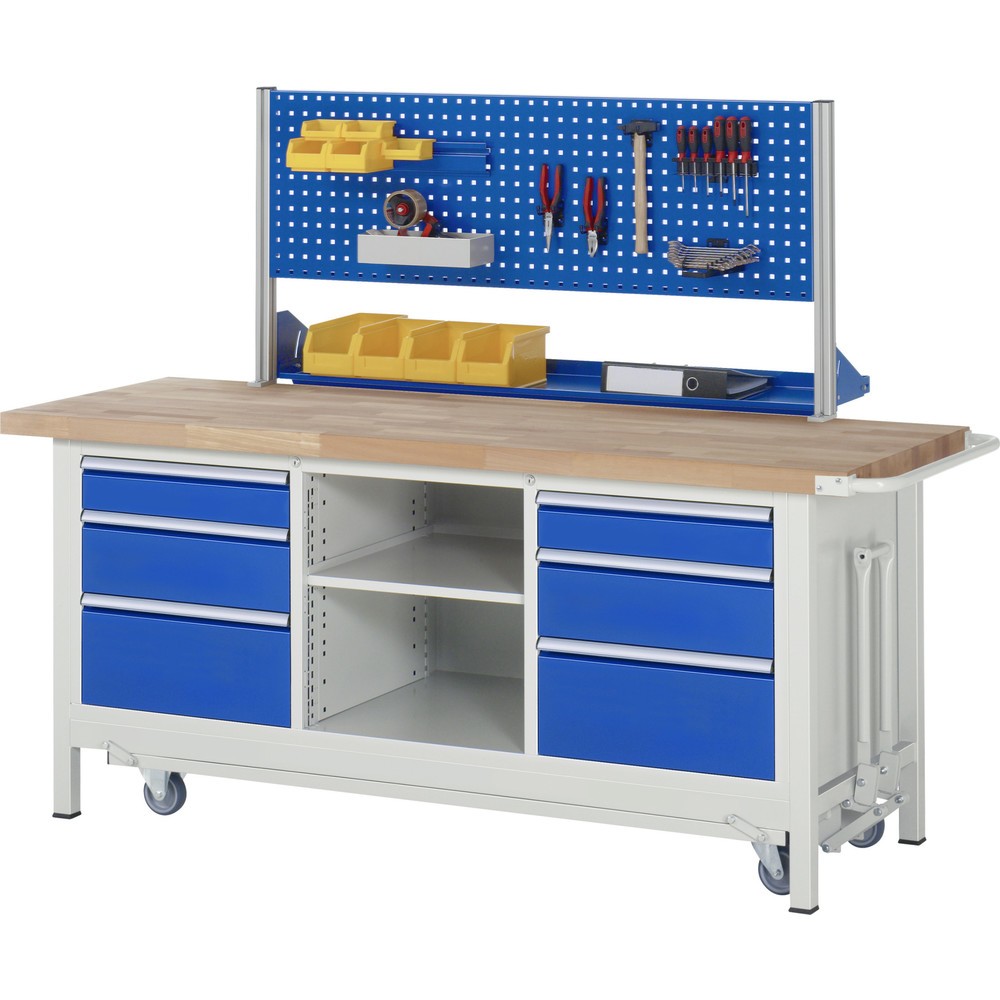 Produktabbildung Nr. 6: RAU Werkbank Serie 8000 mit absenkbarem Fahrgestell, 1 Dreifach-Container, HxBxT 880 x 2.000 x 700 mm, 6 x 90%-Auszug-Schubladen 2 x 120 mm, 2 x 150 mm, 2 x 270 mm, 1 Fachboden