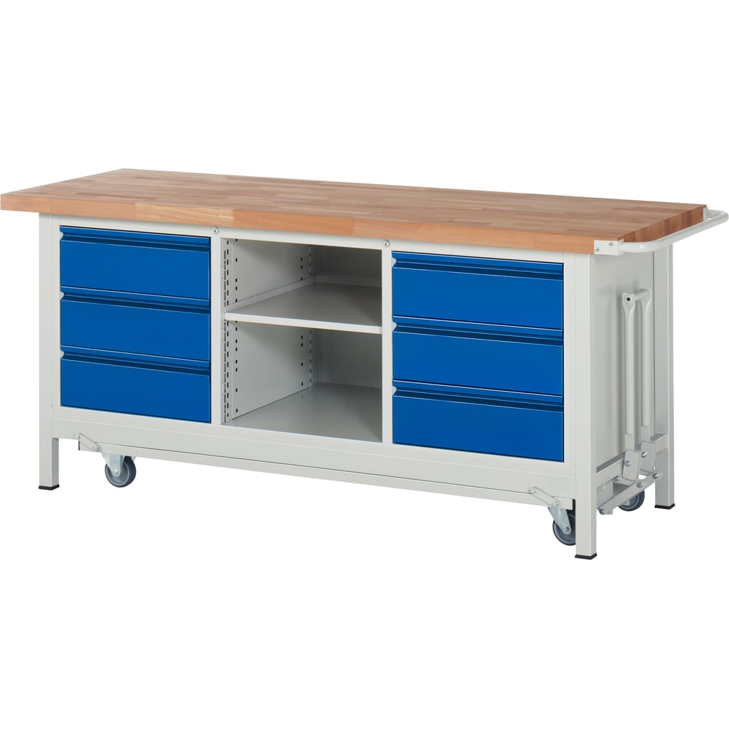 RAU Werkbank Serie 8000 mit absenkbarem Fahrgestell, 1 Dreifach-Container, HxBxT 880 x 2.000 x 700 mm, 6 x 90%-Auszug-Schubladen 6 x 180 mm, 1 Fachboden Produktabbildung: RAU Werkbank Serie 8000 mit absenkbarem Fahrgestell, 1 Dreifach-Container, HxBxT 880 x 2.000 x 700 mm, 6 x 90%-Auszug-Schubladen 6 x 180 mm, 1 Fachboden