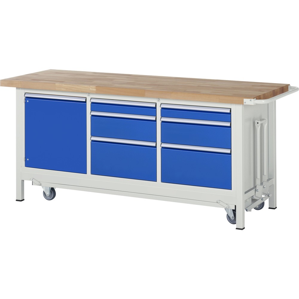 Produktabbildung: RAU Werkbank Serie 8000 mit absenkbarem Fahrgestell, 1 Dreifach-Container, HxBxT 880 x 2.000 x 700 mm, 6 Schubladen, 1 Flügeltür