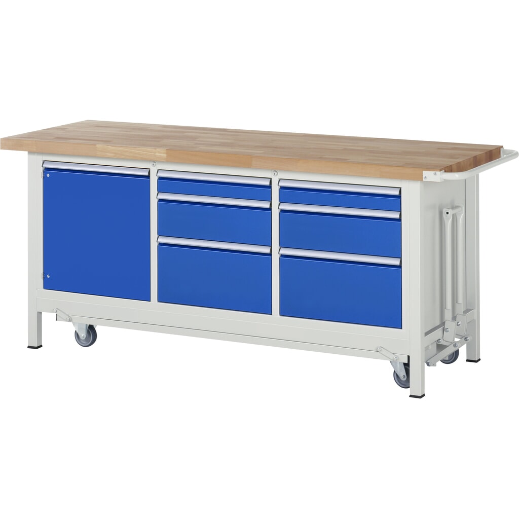 Produktabbildung Nr. 1: RAU Werkbank Serie 8000 mit absenkbarem Fahrgestell, 1 Dreifach-Container, HxBxT 880 x 2.000 x 700 mm, 6 Schubladen, 1 Flügeltür