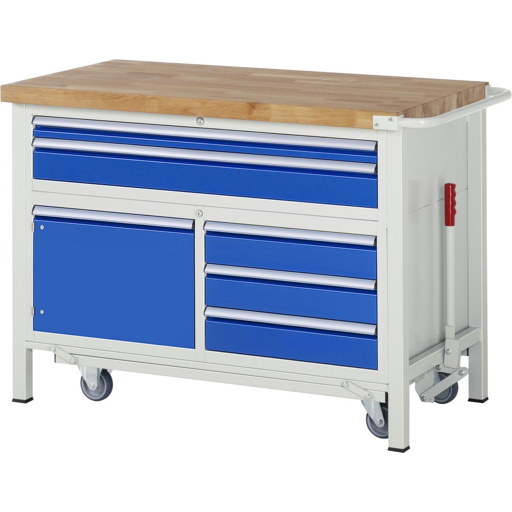 Produktabbildung: RAU Werkbank Serie 8000 mit absenkbarem Fahrgestell, 1 Dreifach-Container, HxBxT 920 x 1.250 x 700 mm, 5 x 90%-Auszug-Schubladen, 1 Flügeltür