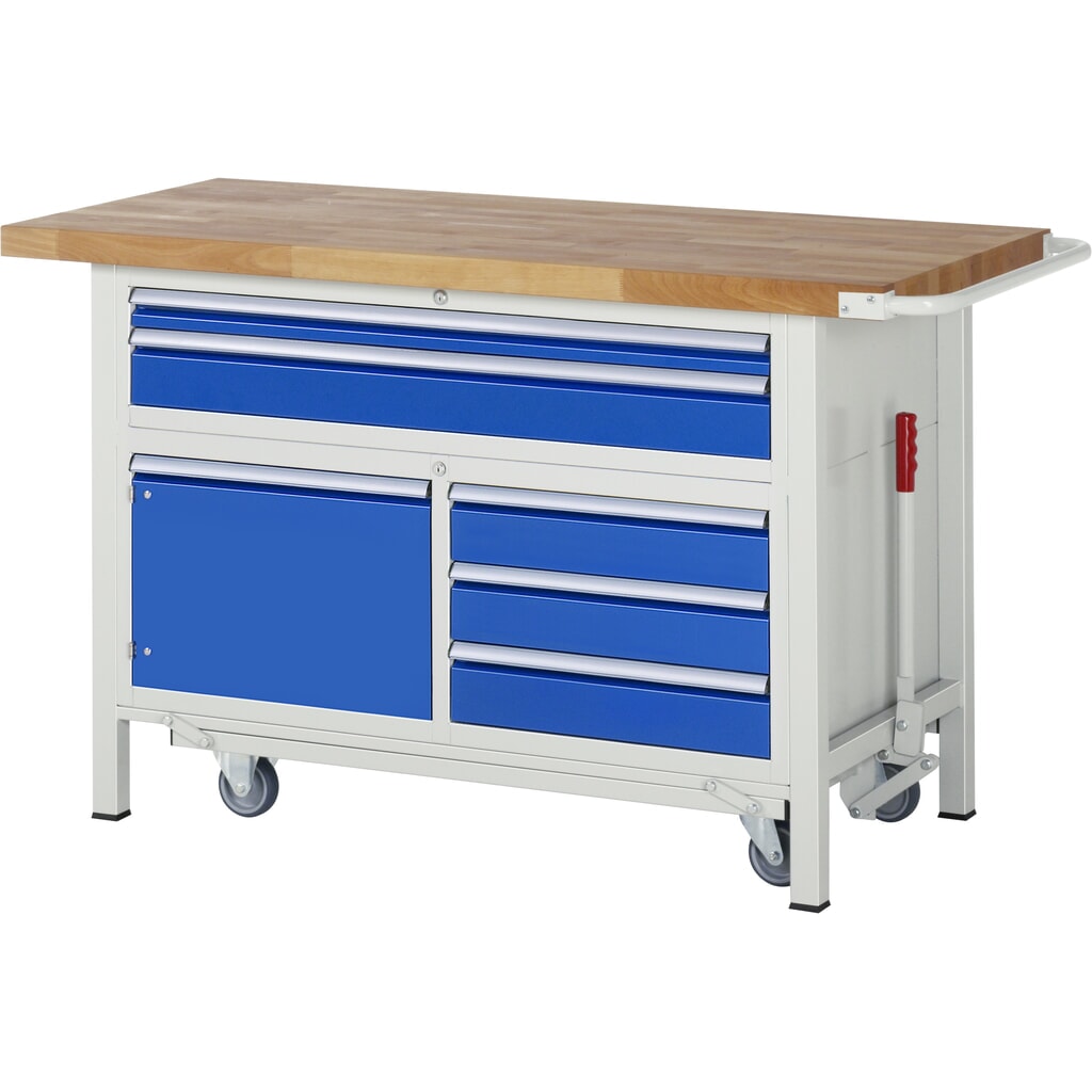 RAU Werkbank Serie 8000 mit absenkbarem Fahrgestell, 1 Dreifach-Container, HxBxT 920 x 1.500 x 700 mm, 5 x 90%-Auszug-Schubladen, 1 Flügeltür Produktabbildung: RAU Werkbank Serie 8000 mit absenkbarem Fahrgestell, 1 Dreifach-Container, HxBxT 920 x 1.500 x 700 mm, 5 x 90%-Auszug-Schubladen, 1 Flügeltür