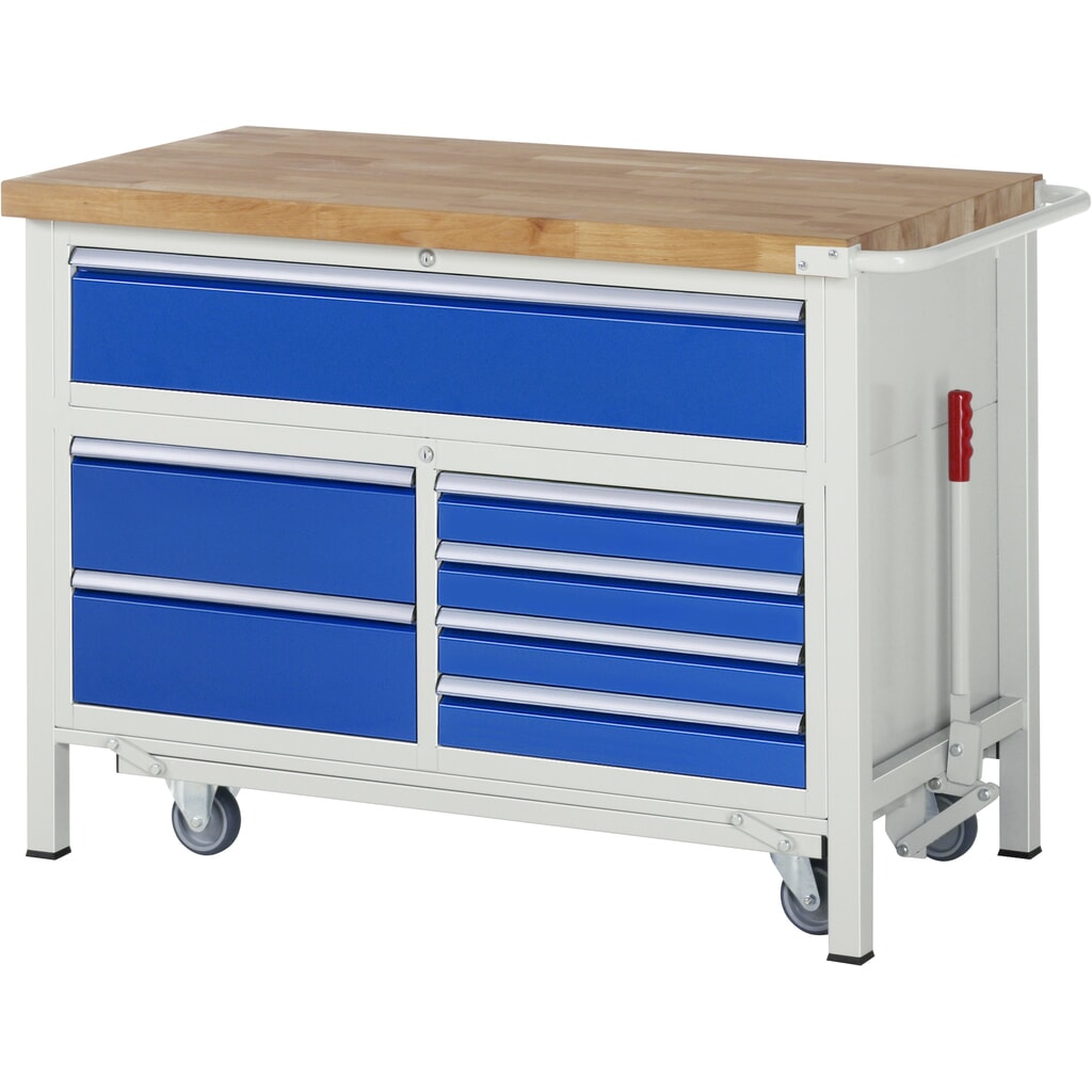 Produktabbildung: RAU Werkbank Serie 8000 mit absenkbarem Fahrgestell, 1 Dreifach-Container, HxBxT 920 x 1.250 x 700 mm, 7 x 100%-Auszug-Schubladen