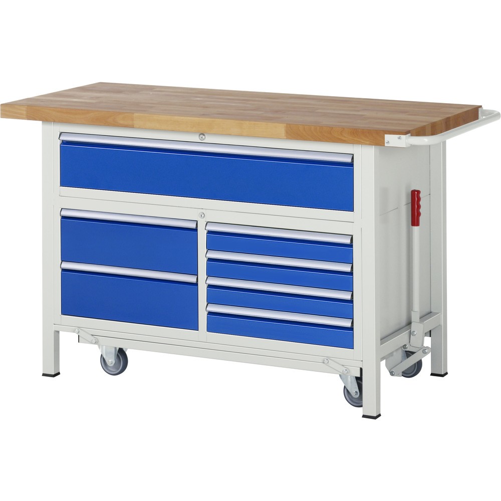 Produktabbildung: RAU Werkbank Serie 8000 mit absenkbarem Fahrgestell, 1 Dreifach-Container, HxBxT 920 x 1.500 x 700 mm, 7 x 90%-Auszug-Schubladen