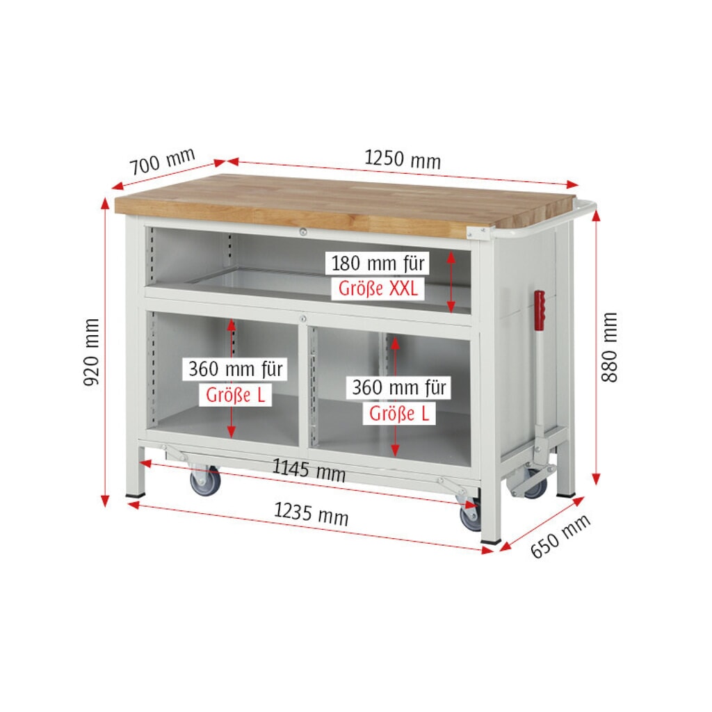 Produktabbildung Nr. 10: RAU Werkbank Serie 8000 mit absenkbarem Fahrgestell, 1 Dreifach-Container, HxBxT 920 x 1.250 x 700 mm, 7 x 100%-Auszug-Schubladen