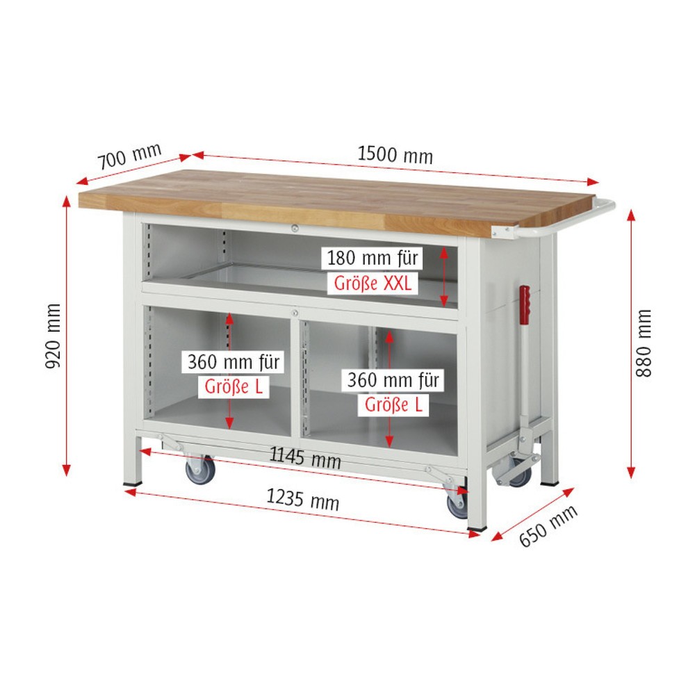 Produktabbildung Nr. 8: RAU Werkbank Serie 8000 mit absenkbarem Fahrgestell, 1 Dreifach-Container, HxBxT 920 x 1.500 x 700 mm, 5 x 100%-Auszug-Schubladen, 1 Flügeltür