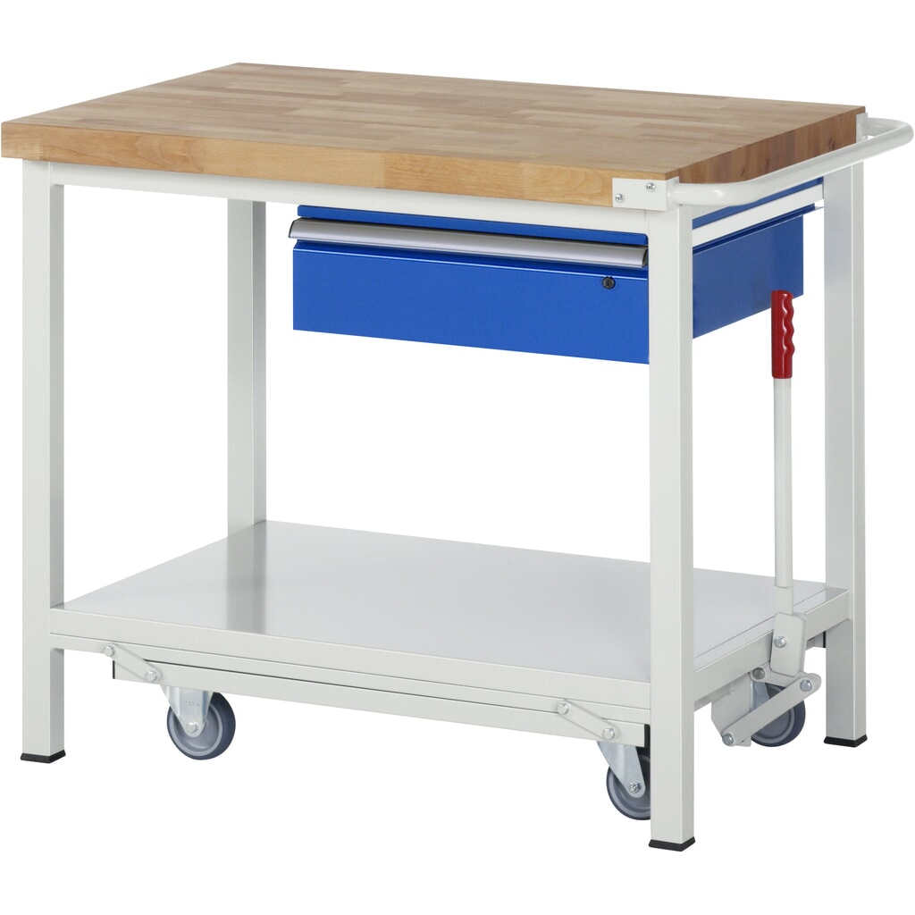 Produktabbildung: RAU Werkbank Serie 8000 mit absenkbarem Fahrgestell, HxBxT 880 x 1.000 x 700 mm, Ablageboden, 1 Schublade, ErgoScript®