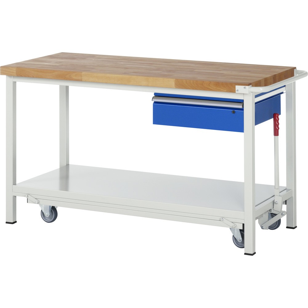 Produktabbildung: RAU Werkbank Serie 8000 mit absenkbarem Fahrgestell, HxBxT 880 x 1.500 x 700 mm, Ablageboden, 1 Schublade, ErgoScript®
