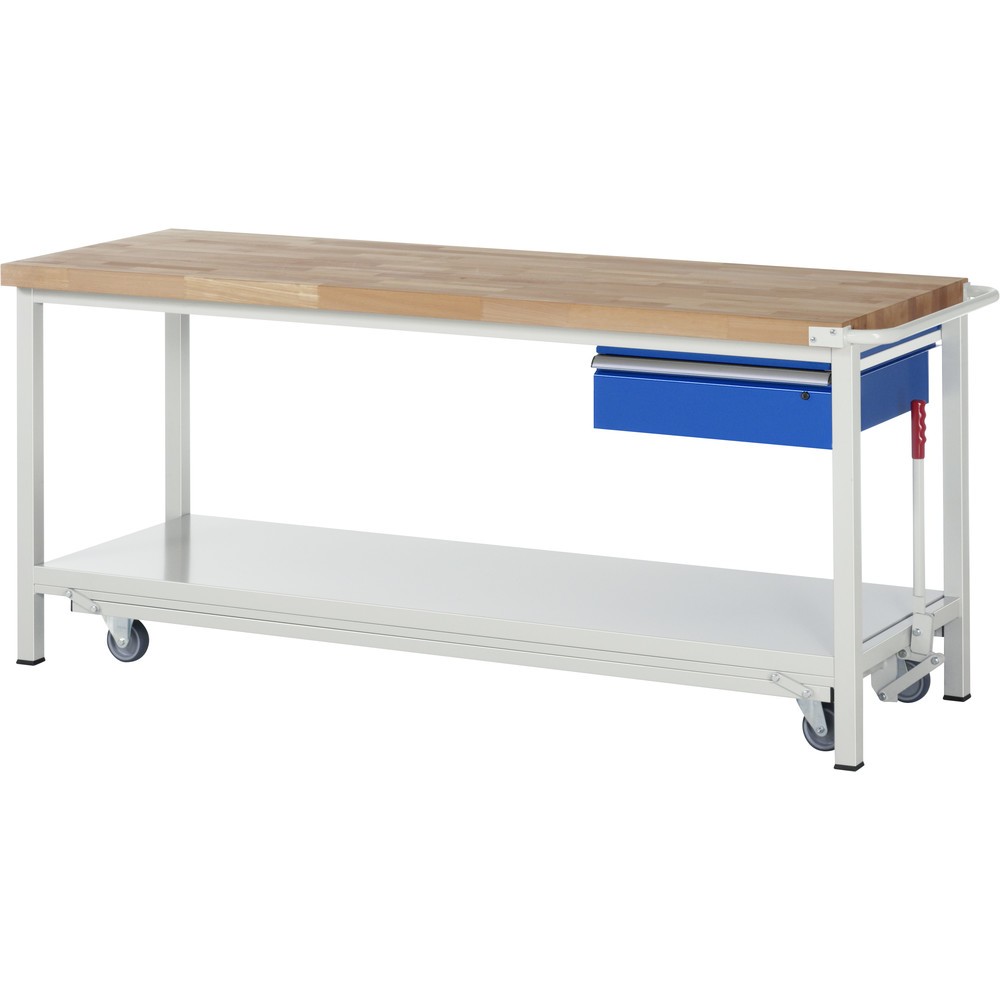 Produktabbildung: RAU Werkbank Serie 8000 mit absenkbarem Fahrgestell, HxBxT 880 x 2.000 x 700 mm, Ablageboden, 1 Schublade, ErgoScript®